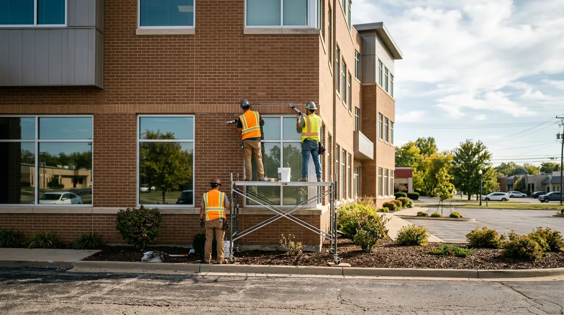 A small professional crew working on a commercial caulking job at a property, seen from behind and — Springfield, MO